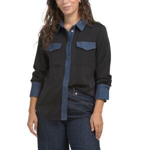 ELLEN TRACY Black Long Sleeve Shirt With Pockets And Denim Trim